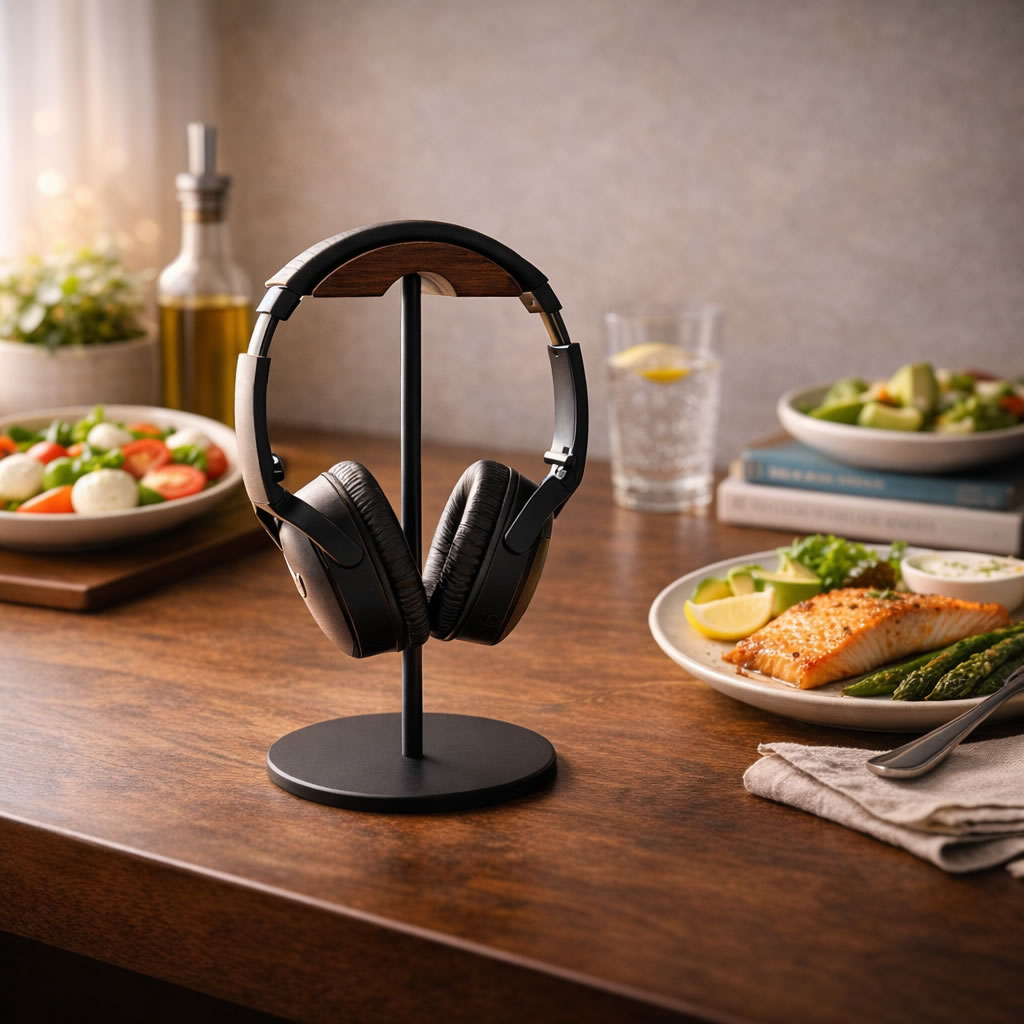 Koptelefoon op houten tafel met gezonde voeding op de achtergrond – gezond afvallen