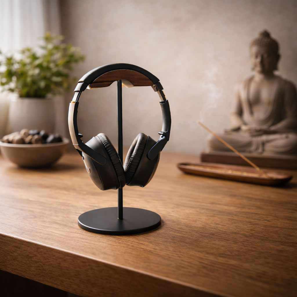 Koptelefoon in rustige omgeving – stress loslaten en ontspanning